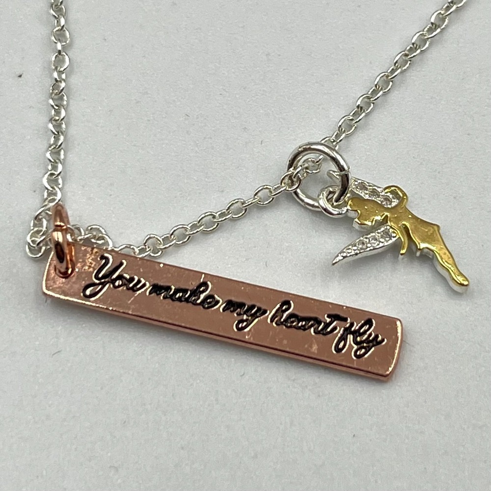 Vintage Disney Tinkerbell Bar Necklace‎ Silver Rose Gold Tone Quote Charm 18"